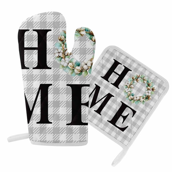 Oven Mitts and Pot Holder Set for Kitchen, Eucalyptus Leaf Cotton Wreath Kitchen Oven Gloves Heat Resistance Non-Slip Surface Potholders Buffalo Plaid Home Hot Pads Sets for Cooking Baking BBQ