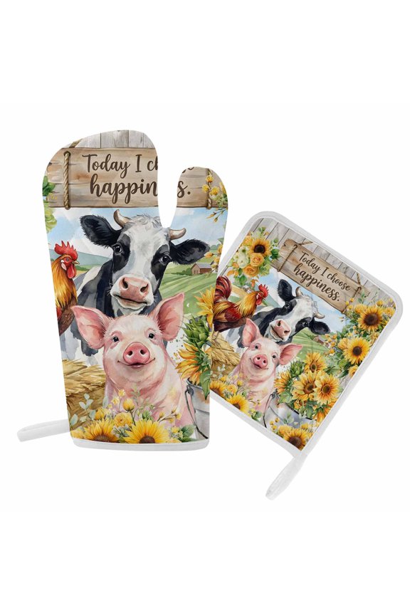 Oven Mitts and Pot Holder Set for Kitchen, Farmhouse Animal Kitchen Oven Gloves Heat Resistance Non-Slip Surface Potholders Sunflower Rooster Cow Pig Hot Pads Sets for Cooking Baking Grilling BBQ