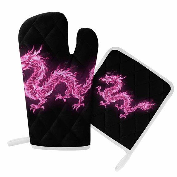 Oven Mitts and Pot Holder Set for Kitchen, Flames Dragon Kitchen Oven Gloves Heat Resistance Non-Slip Surface Potholders Pink Modern Art Hot Pads Sets for Cooking Baking Grilling BBQ