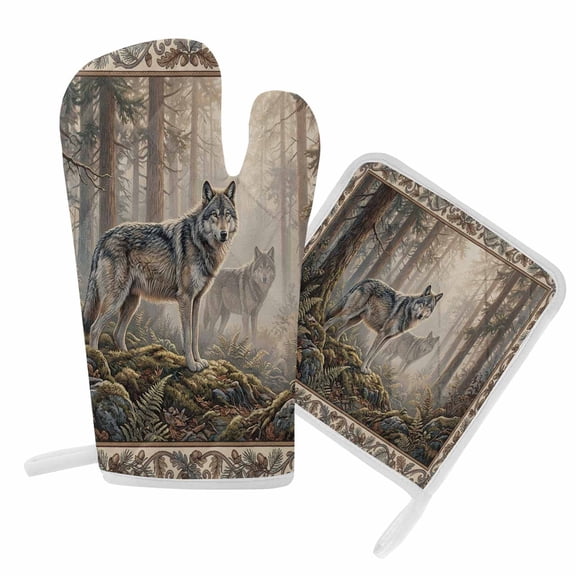 Oven Mitts and Pot Holder Set for Kitchen, Forest Wolf Kitchen Oven Gloves Heat Resistance Non-Slip Surface Potholders Animal Sunlight Tree Leaves Hot Pads Sets for Cooking Baking Grilling BBQ