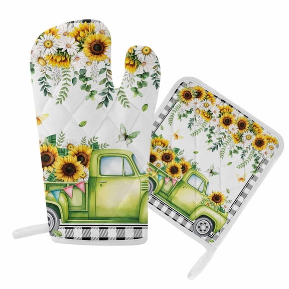 Oven Mitts and Pot Holder Set for Kitchen, Green Truck Sunflower Kitchen Oven Gloves Heat Resistance Non-Slip Surface Potholders Butterfly Daisy Flower Hot Pads Sets for Cooking Baking Grilling BBQ