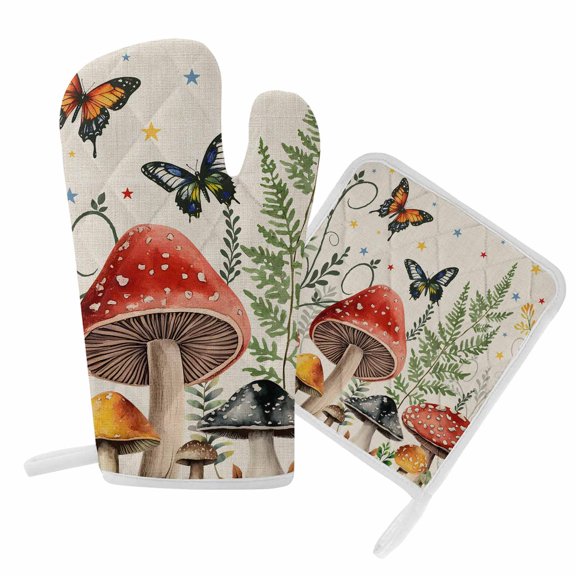 Oven Mitts and Pot Holder Set for Kitchen, Mushrooms Kitchen Oven Gloves Heat Resistance Non-Slip Surface Potholders Butterflies Plant Star Linen Hot Pads Sets for Cooking Baking Grilling BBQ
