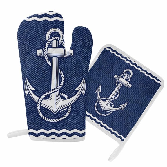 Oven Mitts and Pot Holder Set for Kitchen, Nautical Ship Anchor Kitchen Oven Gloves Heat Resistance Non-Slip Surface Potholders Coastal Denim Blue Stripes Hot Pads Sets for Cooking Baking BBQ