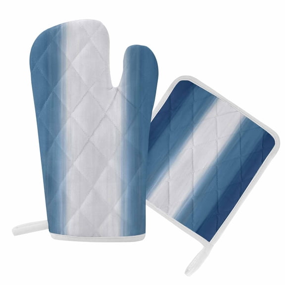 Oven Mitts and Pot Holder Set for Kitchen, Navy Blue Stripes Kitchen Oven Gloves Heat Resistance Non-Slip Surface Potholders Beach Ombre Vertical Striped Hot Pads Sets for Cooking Baking BBQ