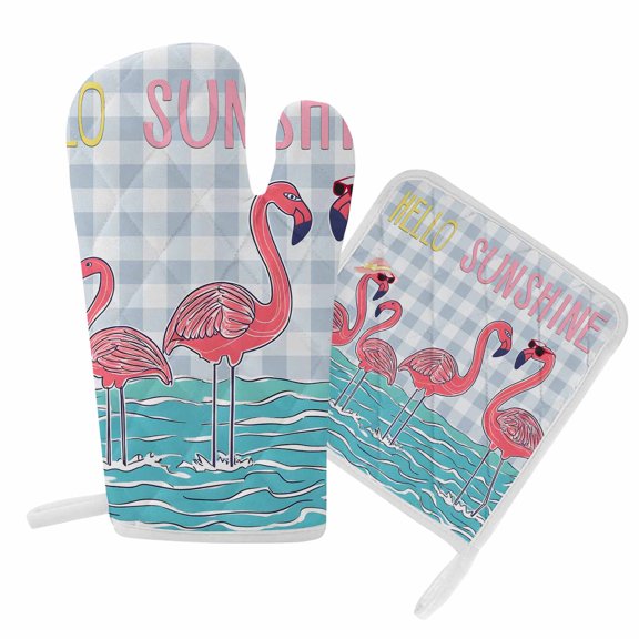 Oven Mitts and Pot Holder Set for Kitchen, Pink Flamingo Kitchen Oven Gloves Heat Resistance Non-Slip Surface Potholders Hello Sunshine Beach Plaid Hot Pads Sets for Cooking Baking Grilling BBQ