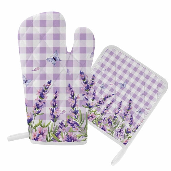 Oven Mitts and Pot Holder Set for Kitchen, Purple Lavender Flower Kitchen Oven Gloves Heat Resistance Non-Slip Surface Potholders Butterfly Buffalo Plaid Hot Pads Sets for Cooking Baking BBQ