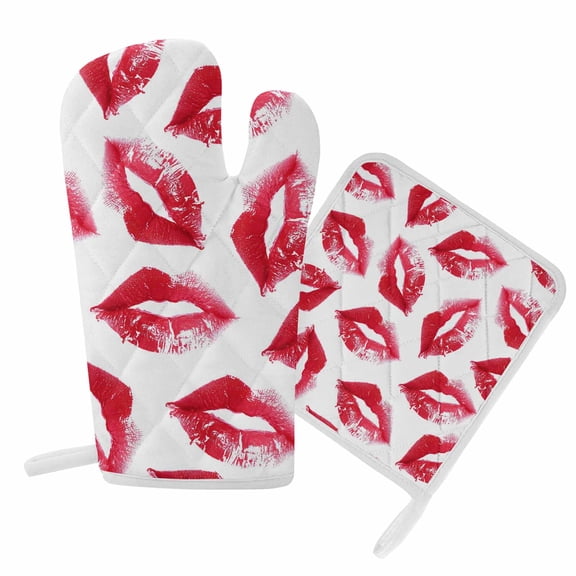 Oven Mitts and Pot Holder Set for Kitchen, Red Lipprint Kitchen Oven Gloves Heat Resistance Non-Slip Surface Potholders Sexy Lip Hot Pads Sets for Cooking Baking Grilling BBQ