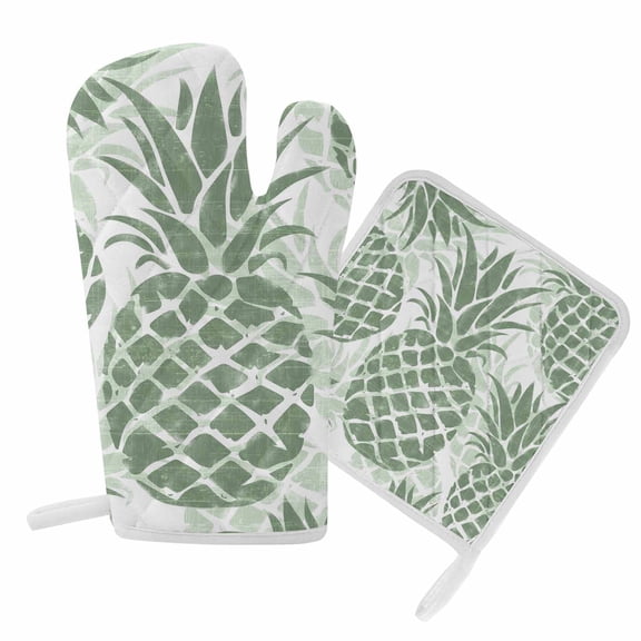 Oven Mitts and Pot Holder Set for Kitchen, Sage Green Pineapple Kitchen Oven Gloves Heat Resistance Non-Slip Surface Potholders Summer Tropical Fruit Leaves Hot Pads Sets for Cooking Baking BBQ