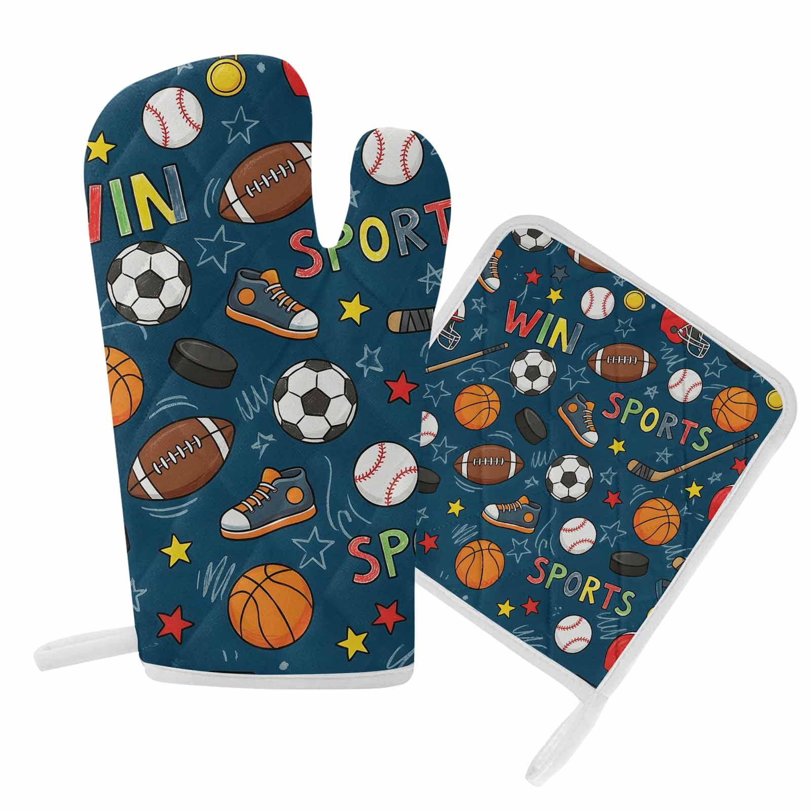 Oven Mitts and Pot Holder Set for Kitchen, Sports Balls Kitchen Oven Gloves Heat Resistance Non-Slip Surface Basketball Football Baseball Rugby Ice Hockey Hot Pads Sets for Cooking Baking BBQ