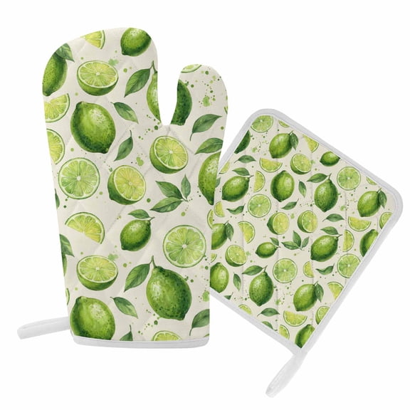 Oven Mitts and Pot Holder Set for Kitchen, Summer Lemon Lime Slice Kitchen Oven Gloves Heat Resistance Non-Slip Surface Potholders Green Tropical Fruit Hot Pads Sets for Cooking Baking Grilling BBQ