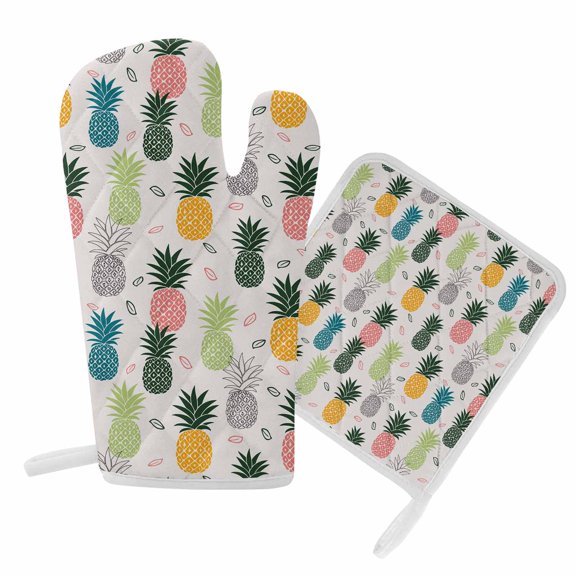 Oven Mitts and Pot Holder Set for Kitchen, Summer Pineapple Kitchen Oven Gloves Heat Resistance Non-Slip Surface Potholders Colorful Tropical Fruit Hot Pads Sets for Cooking Baking Grilling BBQ