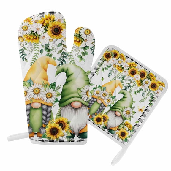 Oven Mitts and Pot Holder Set for Kitchen, Sunflower Gnome Kitchen Oven Gloves Heat Resistance Non-Slip Surface Potholders Green Leaves Butterfly Daisy Flower Hot Pads Sets for Cooking Baking BBQ