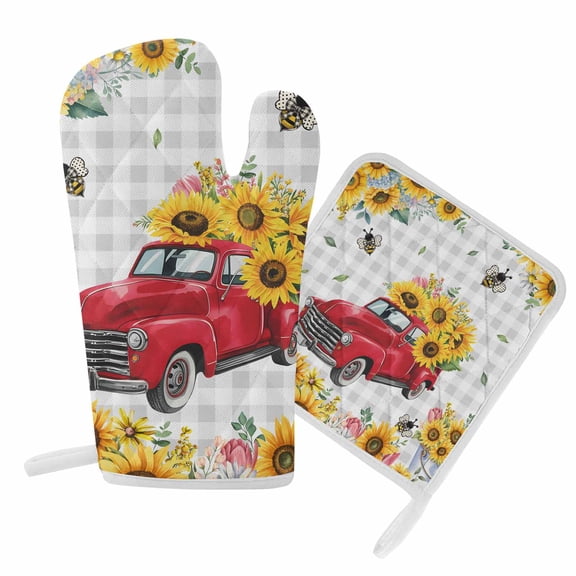 Oven Mitts and Pot Holder Set for Kitchen, Sunflower Red Truck Kitchen Oven Gloves Heat Resistance Non-Slip Surface Potholders Farmhouse Bee Grey Plaid Hot Pads Sets for Cooking Baking Grilling BBQ