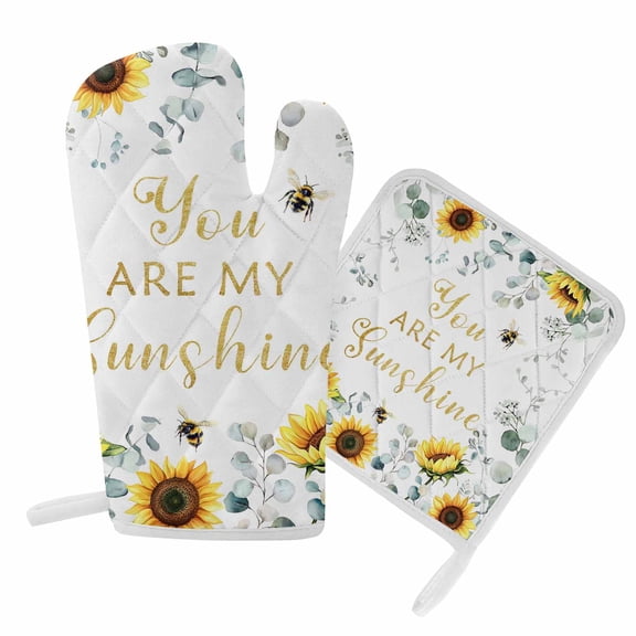 Oven Mitts and Pot Holder Set for Kitchen, Sunflower Sunshine Kitchen Oven Gloves Heat Resistance Non-Slip Surface Potholders Bee Floral Eucalyptus Leaves Hot Pads Sets for Cooking Baking BBQ