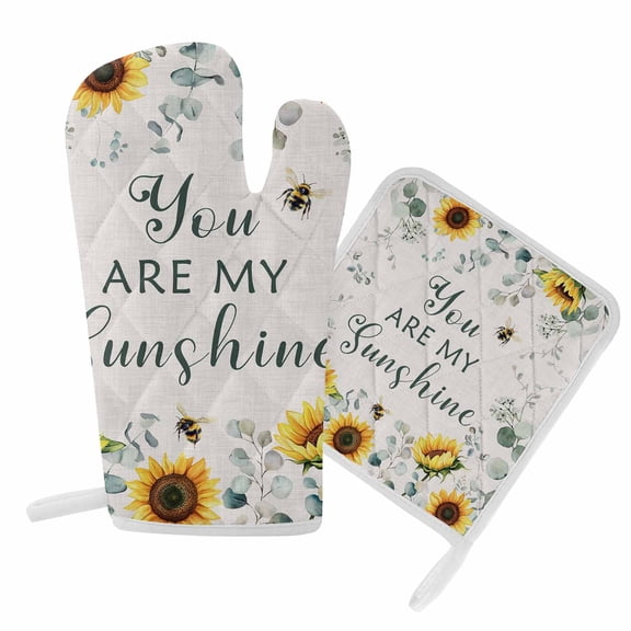 Oven Mitts and Pot Holder Set for Kitchen, Sunflower Sunshine Kitchen Oven Gloves Heat Resistance Non-Slip Surface Potholders Bee Floral Eucalyptus Leaves Linen Hot Pads Sets for Cooking Baking BBQ