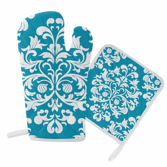 Oven Mitts and Pot Holder Set for Kitchen, Turquoise Flower Kitchen Oven Gloves Heat Resistance Non-Slip Surface Potholders Classical Luxury Abstract Art Hot Pads Sets for Cooking Baking BBQ