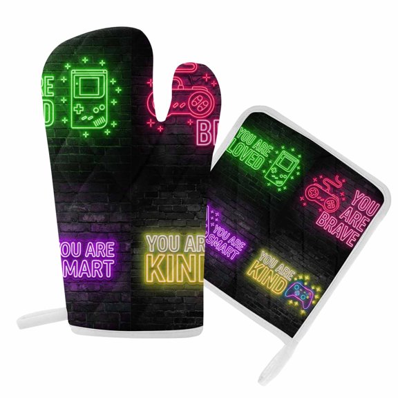 Oven Mitts and Pot Holder Set for Kitchen, Video Game Kitchen Oven Gloves Heat Resistance Non-Slip Surface Potholders Shiny Gaming Icons Playing Gamer Hot Pads Sets for Cooking Baking Grilling BBQ