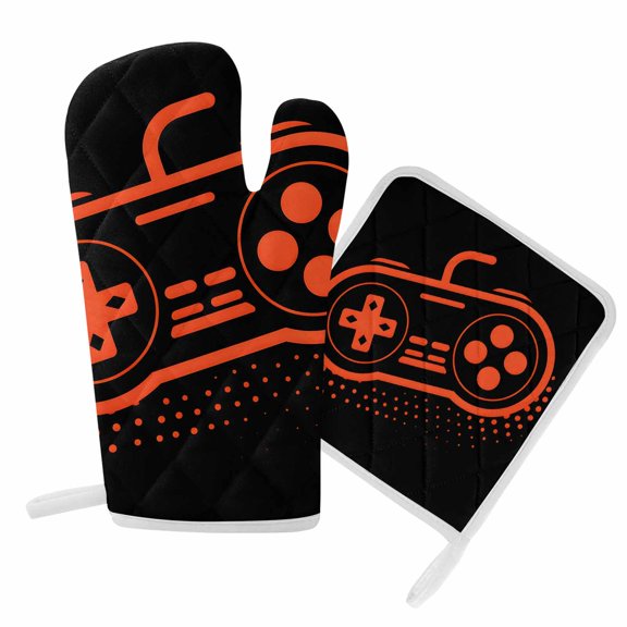 Oven Mitts and Pot Holder Set for Kitchen, Video Games Controller Kitchen Oven Gloves Heat Resistance Non-Slip Surface Potholders Black Orange Gaming Console Hot Pads Sets for Cooking Baking BBQ