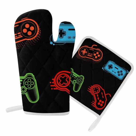 Oven Mitts and Pot Holder Set for Kitchen, Video Games Kitchen Oven Gloves Heat Resistance Non-Slip Surface Potholders Retro Gaming Playing Gamer Hot Pads Sets for Cooking Baking Grilling BBQ
