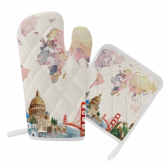 Oven Mitts and Pot Holder Set for Kitchen, World Map Kitchen Oven Gloves Heat Resistance Non-Slip Surface Potholders Famous Building Tourism Bridge Hot Pads Sets for Cooking Baking Grilling BBQ