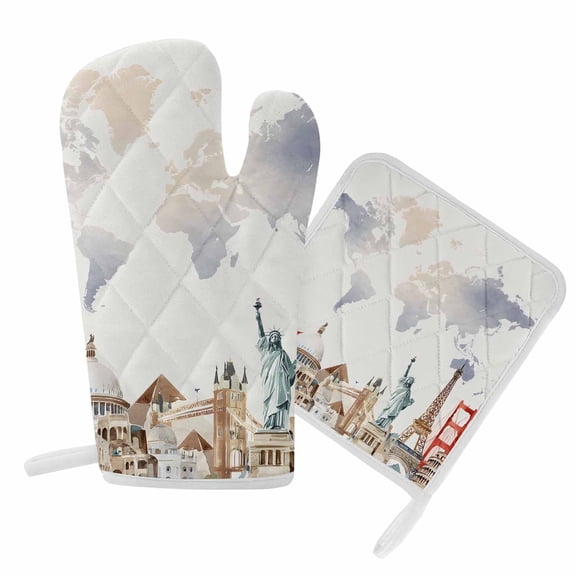 Oven Mitts and Pot Holder Set for Kitchen, World Map Kitchen Oven Gloves Heat Resistance Non-Slip Surface Potholders Famous Building Tourism Landscape Hot Pads Sets for Cooking Baking Grilling BBQ