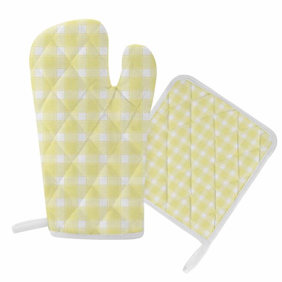 Oven Mitts and Pot Holder Set for Kitchen, Yellow Buffalo Plaid Kitchen Oven Gloves Heat Resistance Non-Slip Surface Potholders Classic Checked Grid Hot Pads Sets for Cooking Baking Grilling BBQ