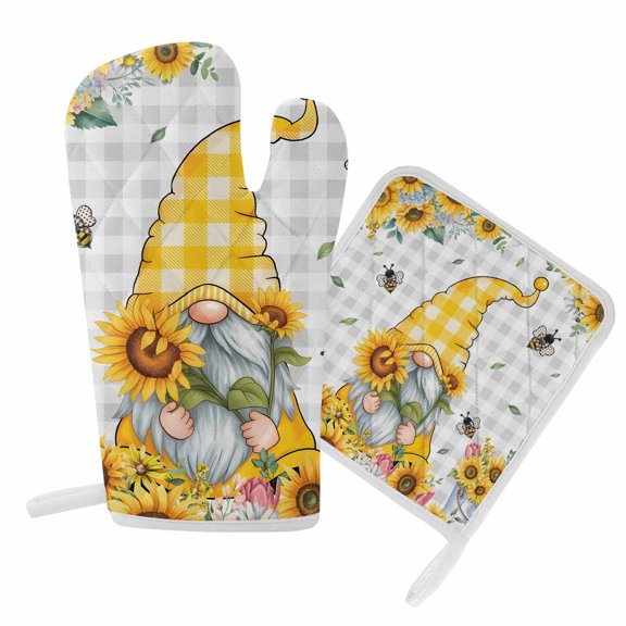 Oven Mitts and Pot Holder Set for Kitchen, Yellow Sunflower Gnome Kitchen Oven Gloves Heat Resistance Non-Slip Surface Potholders Bee Farmhouse Grey Plaid Hot Pads Sets for Cooking Baking BBQ