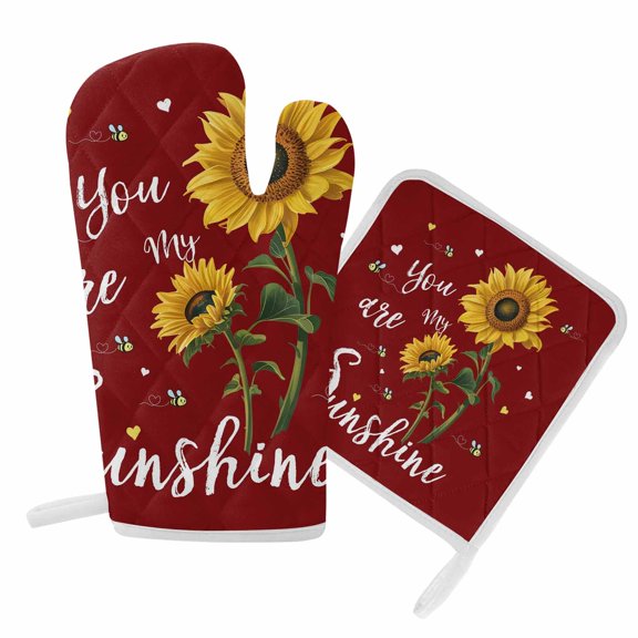 Oven Mitts and Pot Holder Set for Kitchen, You Are My Sunshine Kitchen Oven Gloves Heat Resistance Non-Slip Surface Potholders Bee Heart Floral Red Hot Pads Sets for Cooking Baking Grilling BBQ