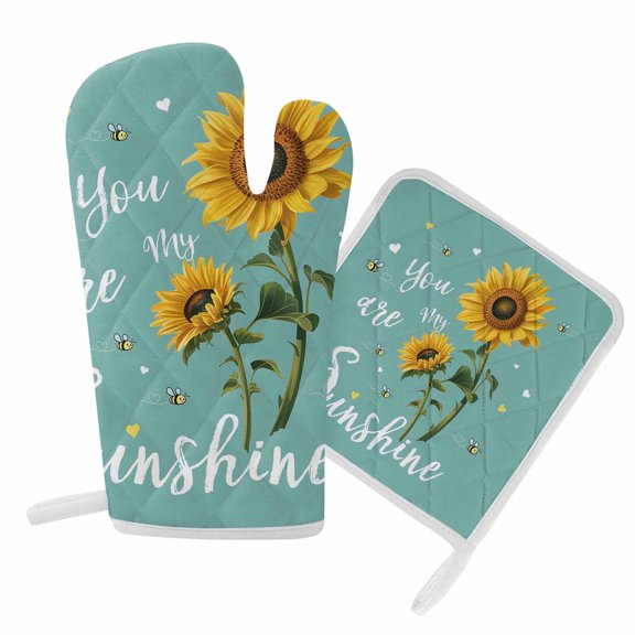 Oven Mitts and Pot Holder Set for Kitchen, You Are My Sunshine Kitchen Oven Gloves Heat Resistance Non-Slip Surface Potholders Bee Heart Floral Teal Green Hot Pads Sets for Cooking Baking BBQ