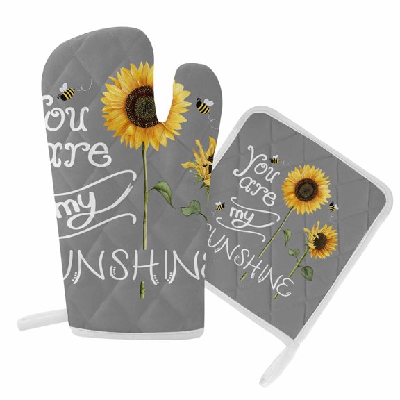 Oven Mitts and Pot Holder Set for Kitchen, You Are My Sunshine Kitchen Oven Gloves Heat Resistance Non-Slip Surface Potholders Bee Sunflower Grey Hot Pads Sets for Cooking Baking Grilling BBQ