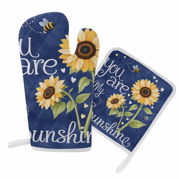 Oven Mitts and Pot Holder Set for Kitchen, You Are My Sunshine Kitchen Oven Gloves Heat Resistance Non-Slip Surface Potholders Sunflower Bee Navy Blue Hot Pads Sets for Cooking Baking Grilling BBQ
