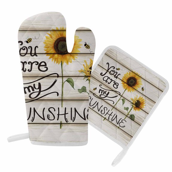 Oven Mitts and Pot Holder Set for Kitchen, You Are My Sunshine Sunflower Kitchen Oven Gloves Heat Resistance Non-Slip Surface Potholders Bees Wood Grain Hot Pads Sets for Cooking Baking Grilling BBQ