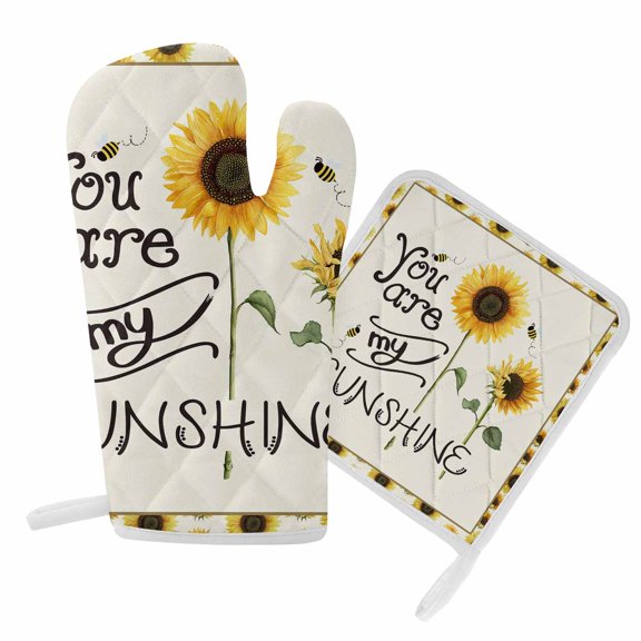 Oven Mitts and Pot Holder Set for Kitchen, You Are My Sunshine Sunflower Kitchen Oven Gloves Heat Resistance Non-Slip Surface Potholders Bees Yellow Hot Pads Sets for Cooking Baking Grilling BBQ
