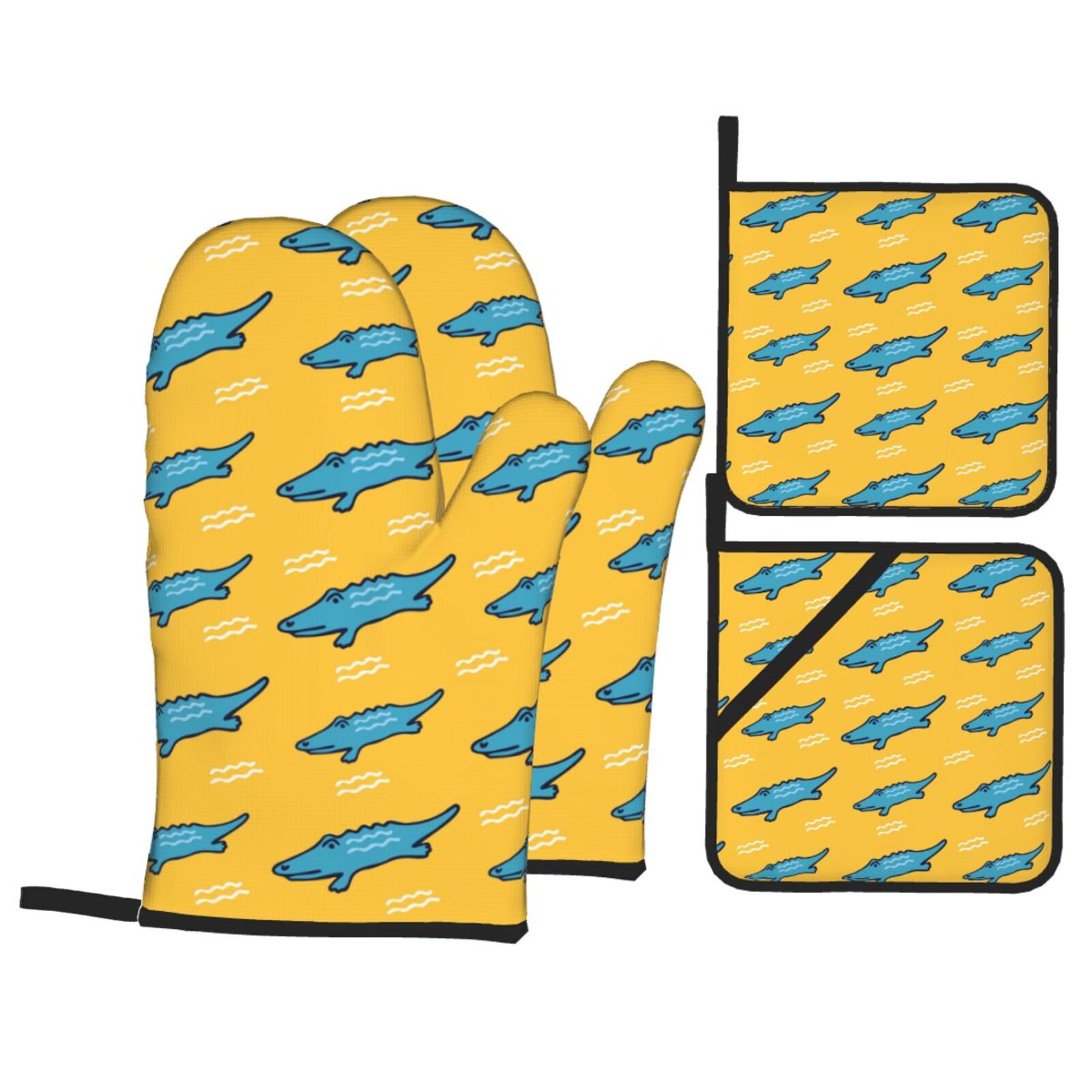 Cute Hippo Crocodile Print Oven Mitt & Pot Holder Set – Silicone Non-Slip, Heat Resistant, Polyester Twill, Hanging Loops, For Cooking, Baking, BBQ, Gift Box