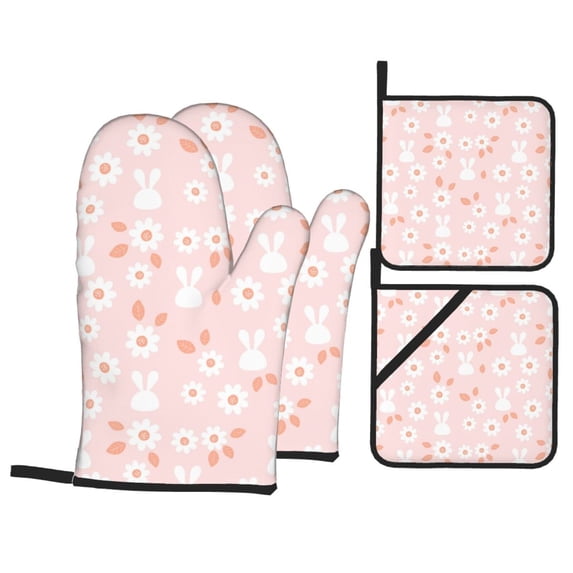 Oven Mitts and Pot Holders 4 Piece, Cartoon Flower Cute Rabbit High Heat Slip Resistant Oven Mitt and Trivets Set Kitchen Oven Glove Pot Holders for Cooking Baking Grilling