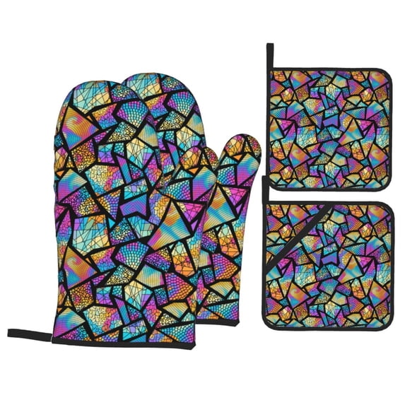 Oven Mitts and Pot Holders 4 Piece, Colored Glass1 High Heat Slip Resistant Oven Mitt and Trivets Set Kitchen Oven Glove Pot Holders for Cooking Baking Grilling