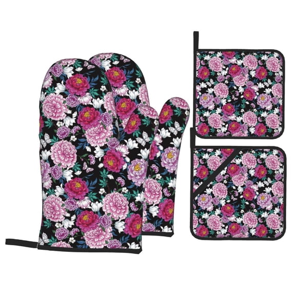 Oven Mitts and Pot Holders 4 Piece, Colorful Carnations Flowers A High Heat Slip Resistant Oven Mitt and Trivets Set Kitchen Oven Glove Pot Holders for Cooking Baking Grilling