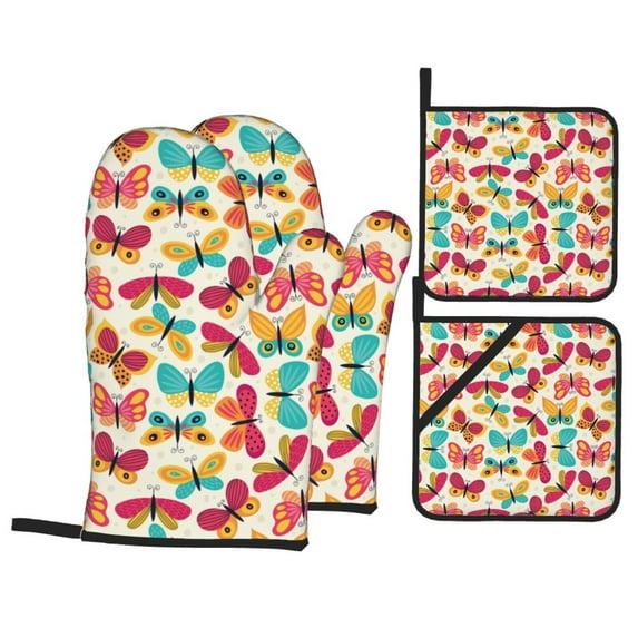 Oven Mitts and Pot Holders 4 Piece, Colorful butterflies A High Heat Slip Resistant Oven Mitt and Trivets Set Kitchen Oven Glove Pot Holders for Cooking Baking Grilling
