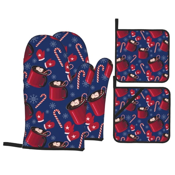 Oven Mitts and Pot Holders 4 Piece, Hot Cocoa Snowflake Mittens High Heat Slip Resistant Oven Mitt and Trivets Set Kitchen Oven Glove Pot Holders for Cooking Baking Grilling