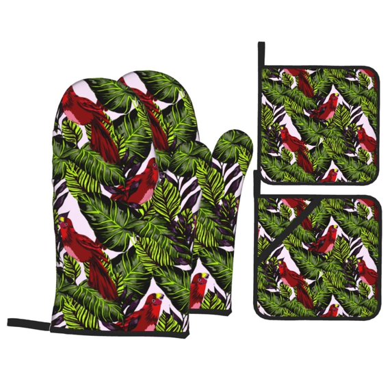 Oven Mitts and Pot Holders 4 Piece, Red Cute Parrot Green Banana Leaf High Heat Slip Resistant Oven Mitt and Trivets Set Kitchen Oven Glove Pot Holders for Cooking Baking Grilling