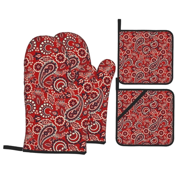 Oven Mitts and Pot Holders 4 Piece, Vintage Red Paisley High Heat Slip Resistant Oven Mitt and Trivets Set Kitchen Oven Glove Pot Holders for Cooking Baking Grilling