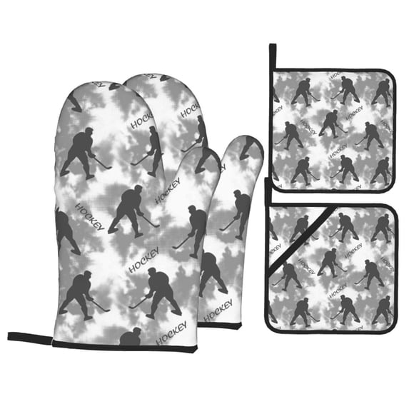 Oven Mitts and Pot Holders 4 Piece, cool hockey players grey High Heat Slip Resistant Oven Mitt and Trivets Set Kitchen Oven Glove Pot Holders for Cooking Baking Grilling