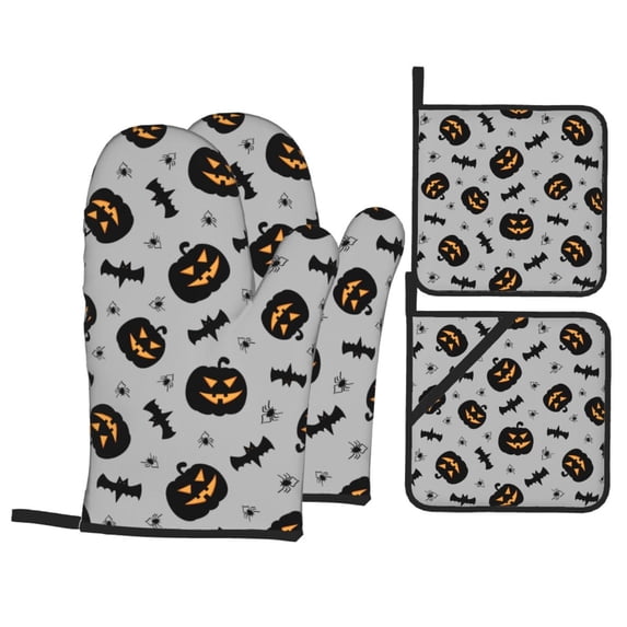 Oven Mitts and Pot Holders 4 Piece, halloween pumpkins bat High Heat Slip Resistant Oven Mitt and Trivets Set Kitchen Oven Glove Pot Holders for Cooking Baking Grilling