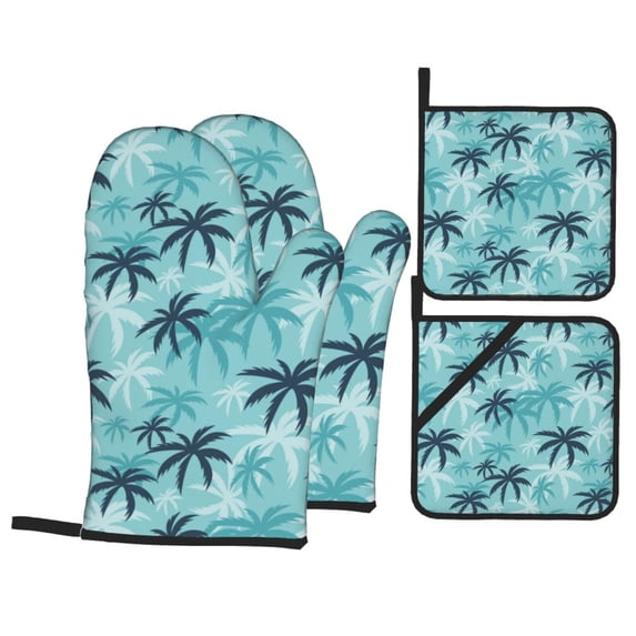 Oven Mitts and Pot Holders 4 Piece, retro Palm Tree blue High Heat Slip Resistant Oven Mitt and Trivets Set Kitchen Oven Glove Pot Holders for Cooking Baking Grilling