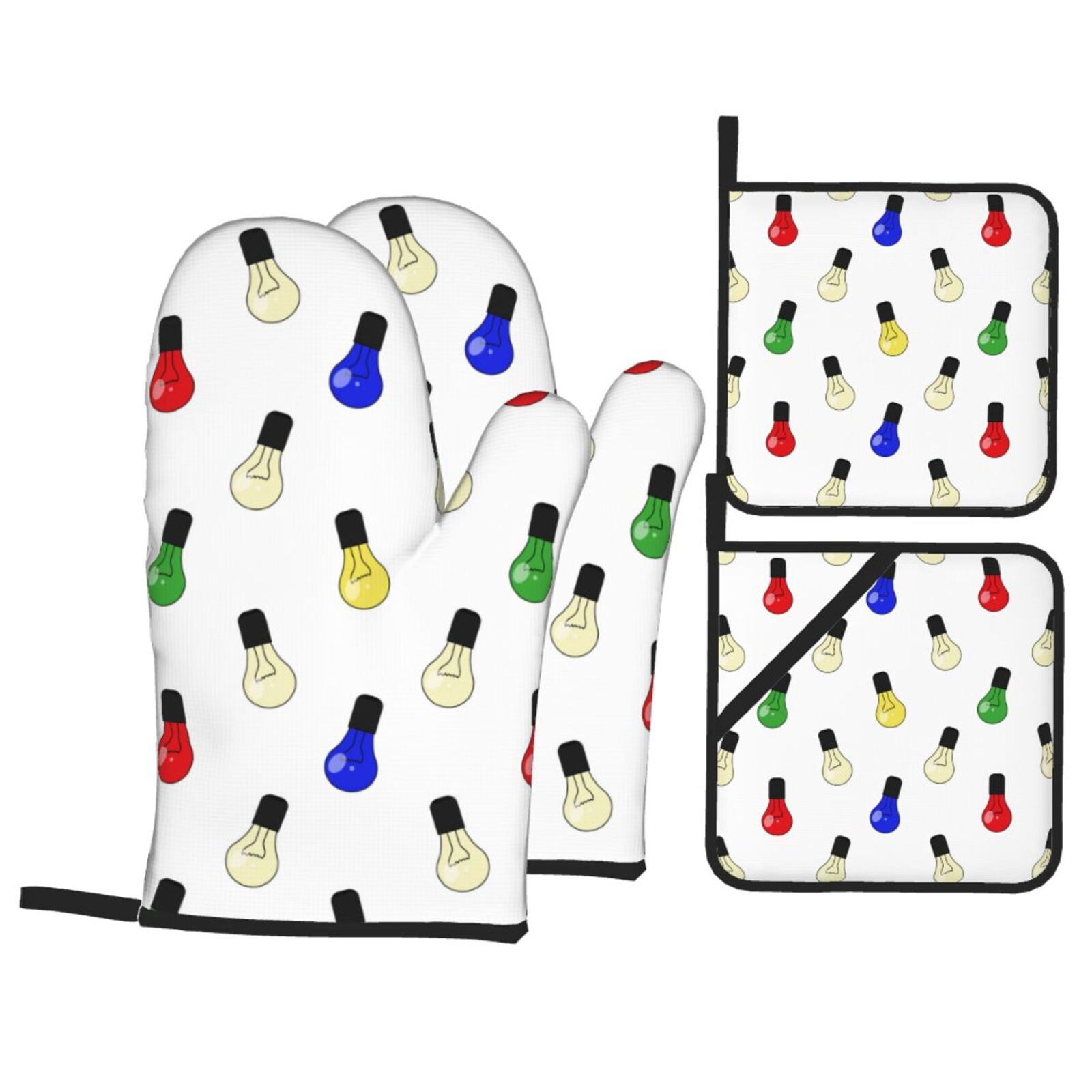 Oven Mitts and Pot Holders 4 pcs Set, colorful Light Bulb Print Heat