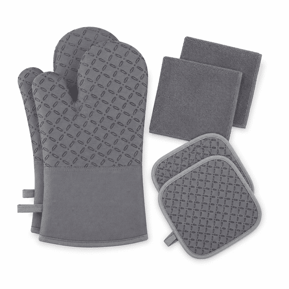 PLERISE 6 Pack Oven Mitts, Heat Resistant 500°F Extra Long, Non Slip Silicone Gloves, Grey
