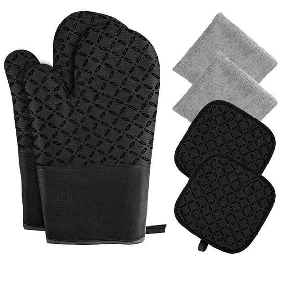 Oven Mitts and Pot Holders 6pcs Set, Kitchen Oven Glove High Heat Resistant 500 Degree Extra Long Oven Mitts and Potholder with Non-Slip Silicone Surface for Cooking