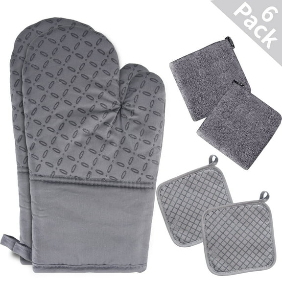 Oven Mitts and Pot Holders 6pcs Set, Kitchen Oven Glove High Heat Resistant 500 Degree Extra Long Oven Mitts and Potholder with Non-Slip Silicone Surface for Cooking