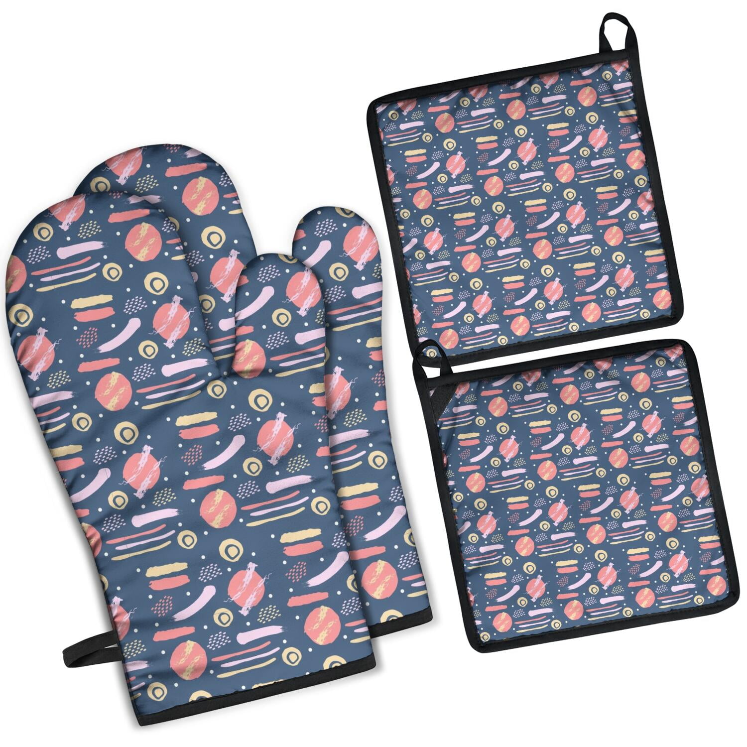 Oven Mitts and Pot Holders Set Of 4, Heat Resistant Kitchen Gloves with Non-Slip Grip, Hanging Loop, Soft Cotton Lining for Baking, Cooking, Grilling, Barbecue