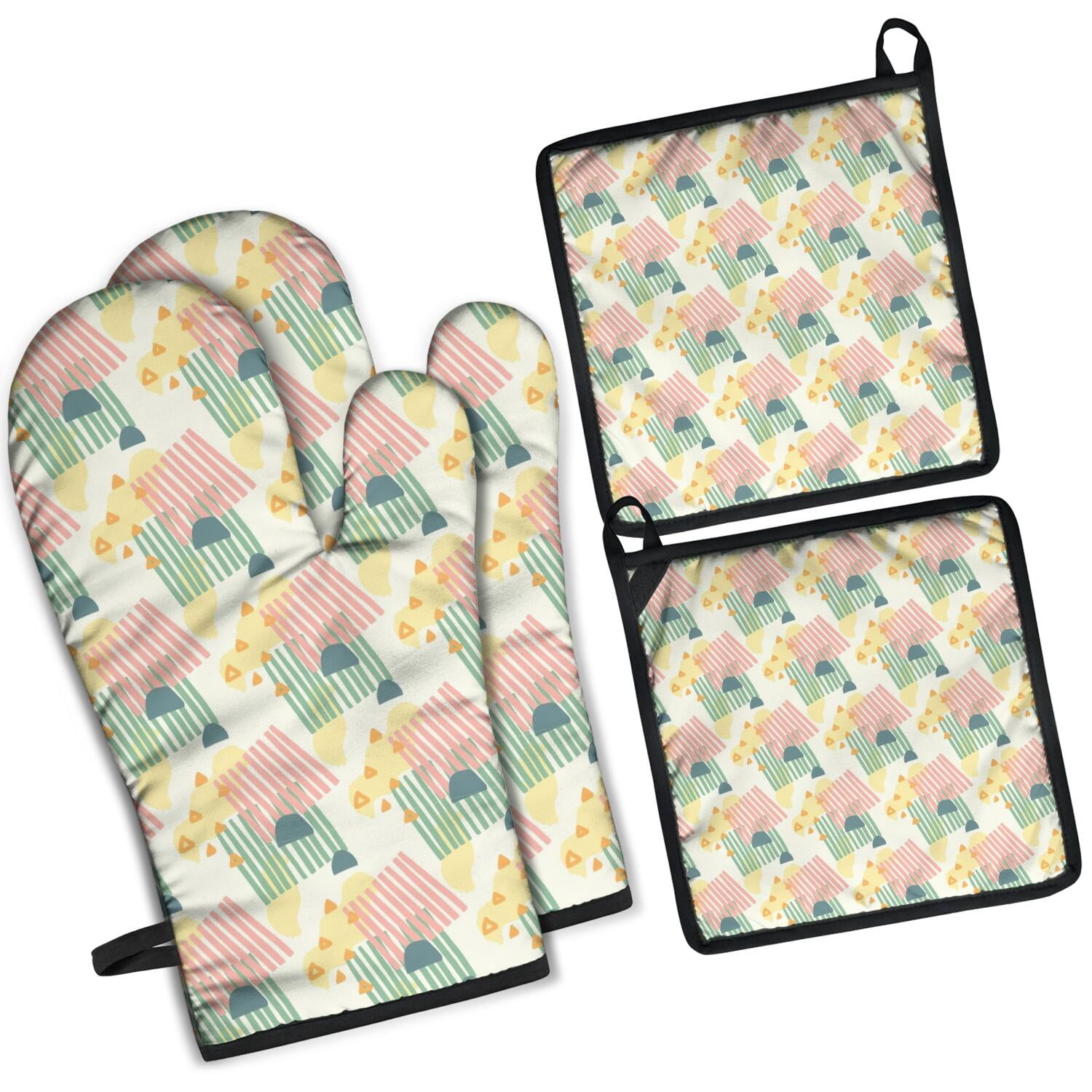 Oven Mitts and Pot Holders Set Of 4, Heat Resistant Kitchen Gloves with Non-Slip Grip, Hanging Loop, Soft Cotton Lining for Baking, Cooking, Grilling, Barbecue